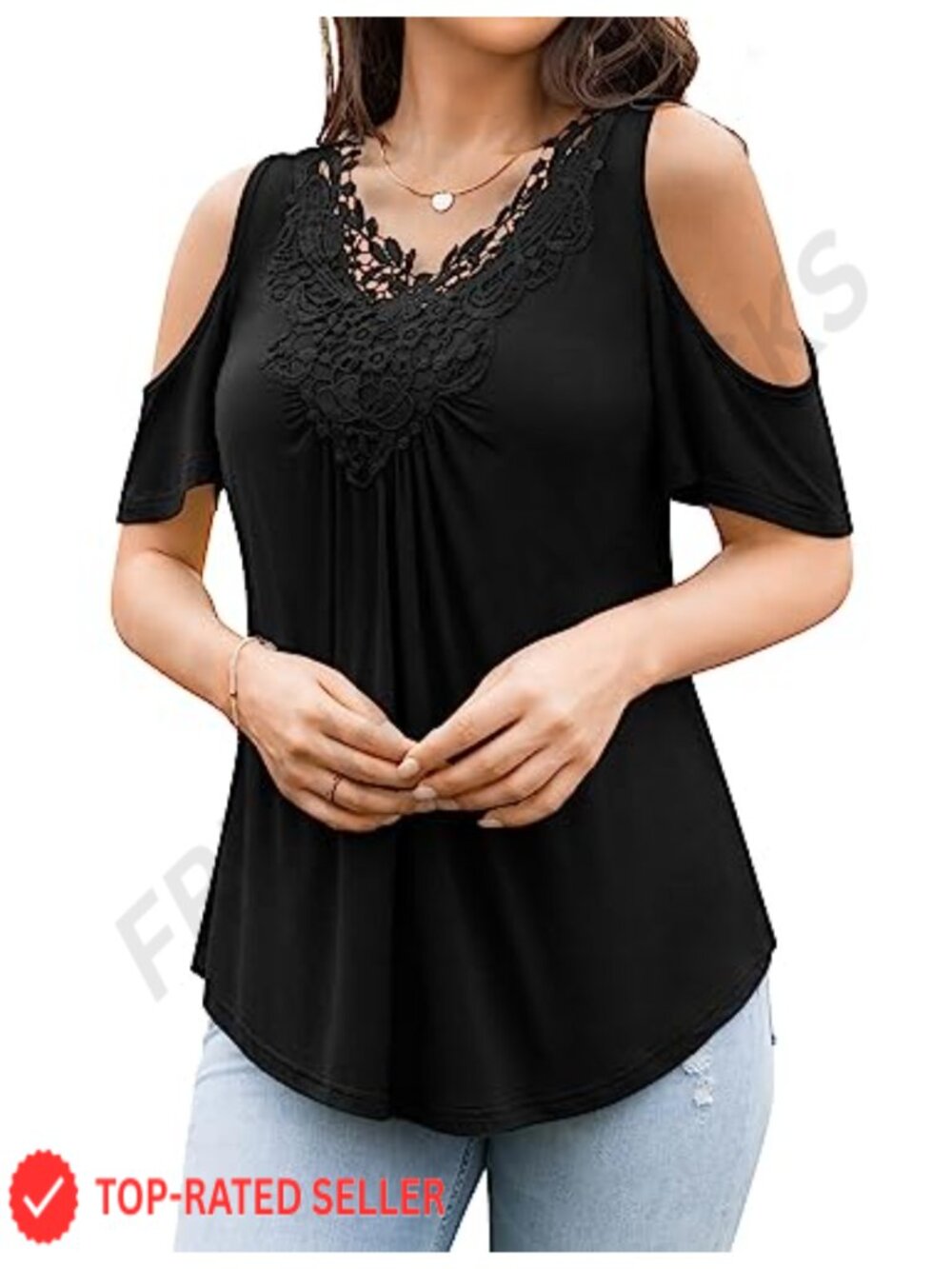 Plus Size Lace Crochet Cold Shoulder Tunic Top V-Neck Casual Blouse